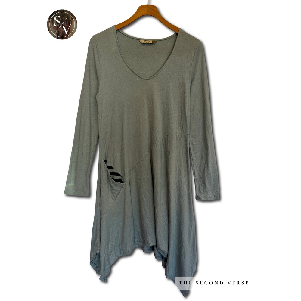 Chalet Tunic Women XS Green Long Sleeve Asymmetrical Handkerchief Hem Lagenlook